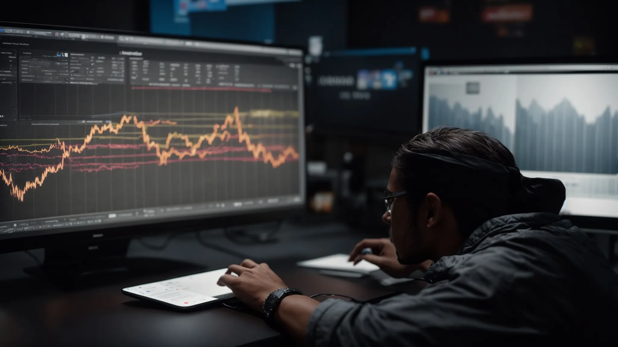 a social media marketer analyzes a graph on a computer screen showing trends in facebook search visibility.
