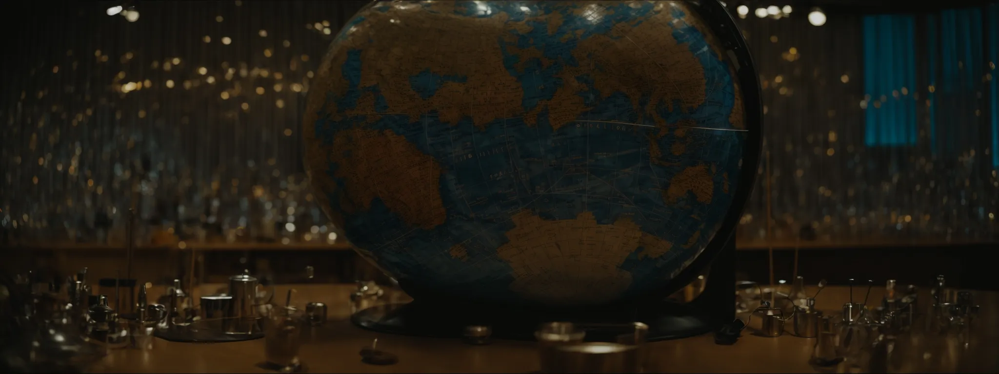 A large globe sits on a table surrounded by various small metal objects, with a backdrop of hanging string lights.