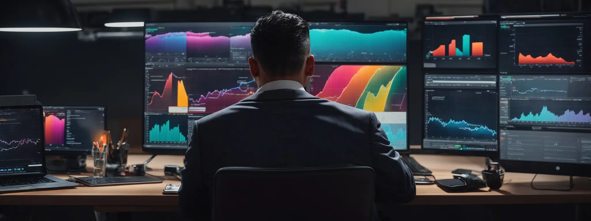 a person sitting at a modern desk with multiple digital devices, displaying colorful graphs and interactive interfaces, symbolizing advanced online customer engagement tools.
