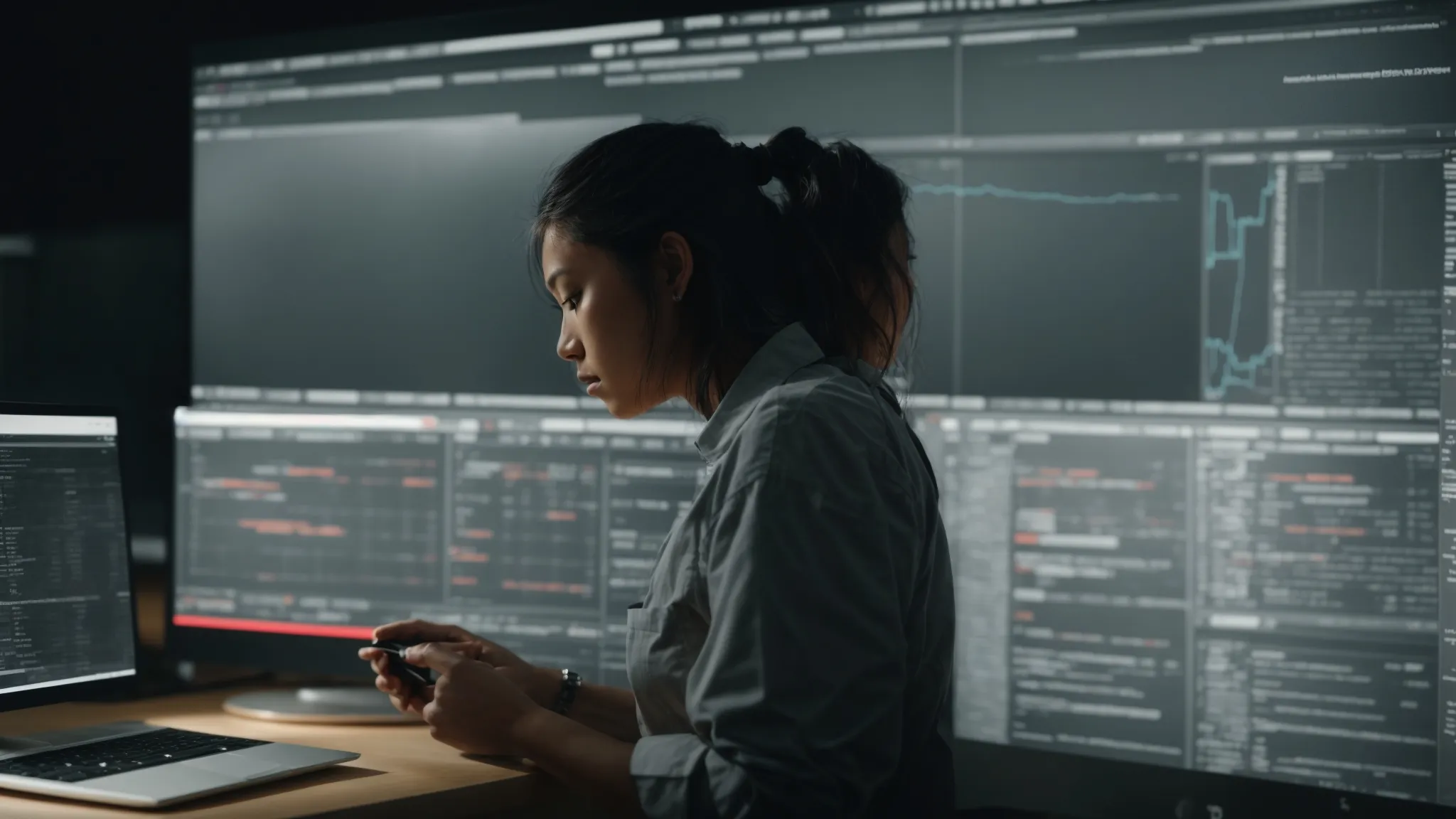 a split screen showing a person analyzing website data on one side and another person testing a web interface on the other.