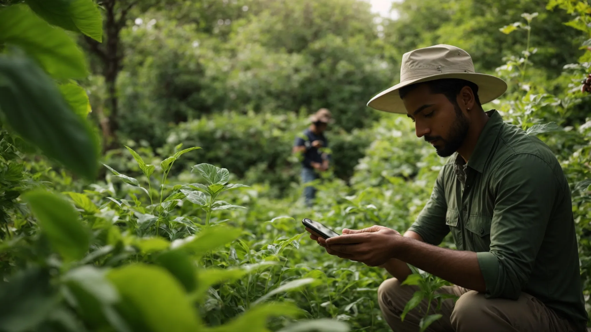 an entomologist uses a smartphone to post about eco-friendly pest management on a social media app amidst a green, flourishing garden.