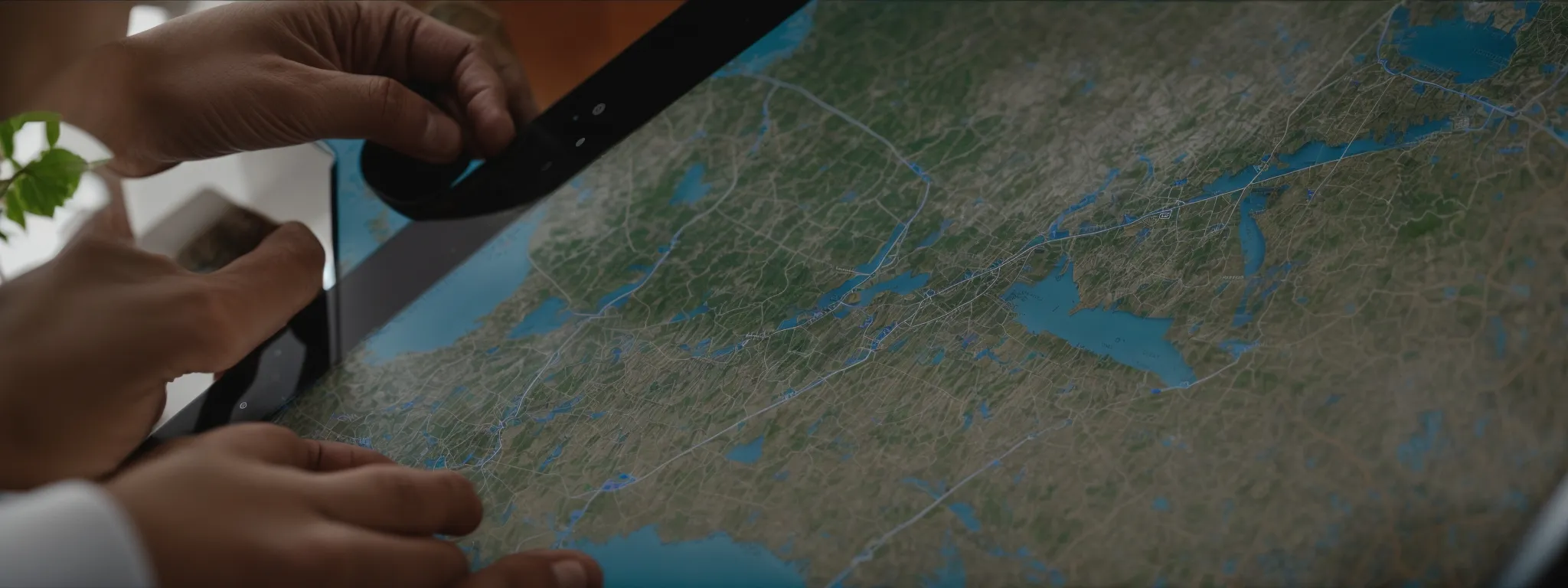 a contractor showing a homeowner their tablet screen with a map pinpointing the local service area.