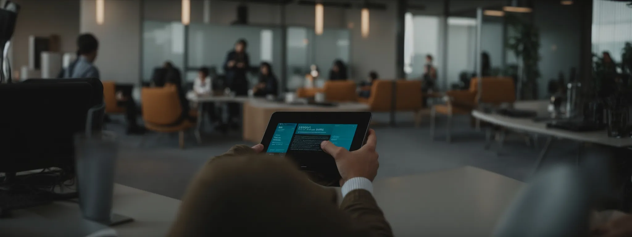 a person browsing a digital marketing conference itinerary on a tablet in a modern office setting.