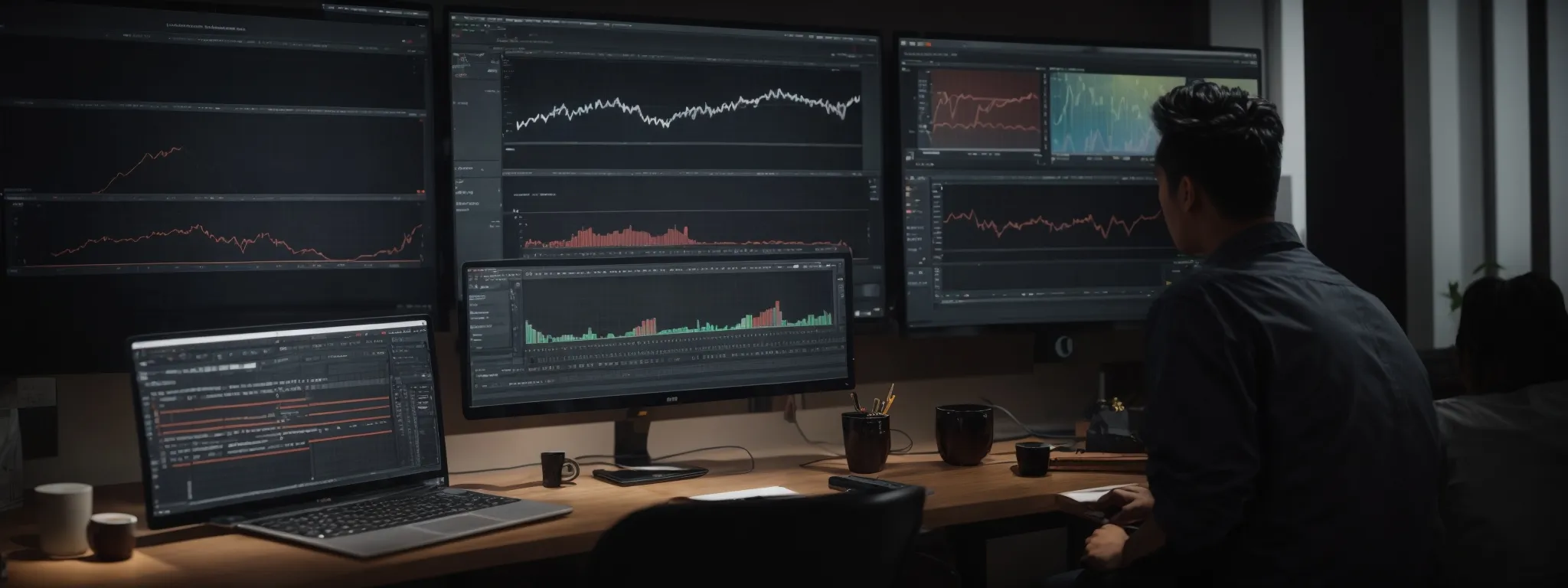 a dynamic presentation with a graph showing growth trends in front of a content creator editing a video on multiple monitors.