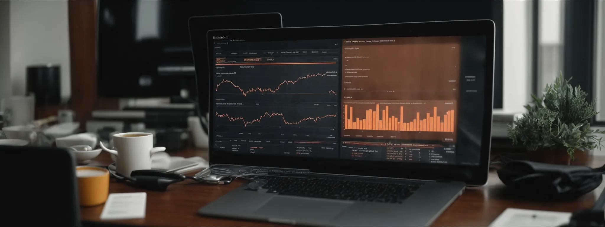 a professional analyzing seo performance charts on a computer screen with google analytics open.