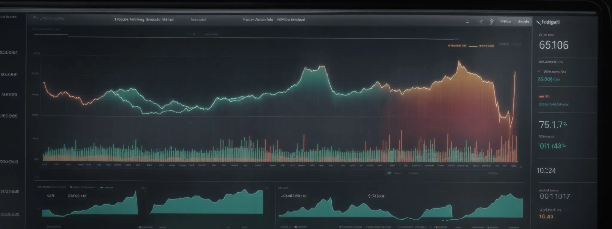a computer screen displaying a graph with upward trends and key metrics to represent seo performance analytics.