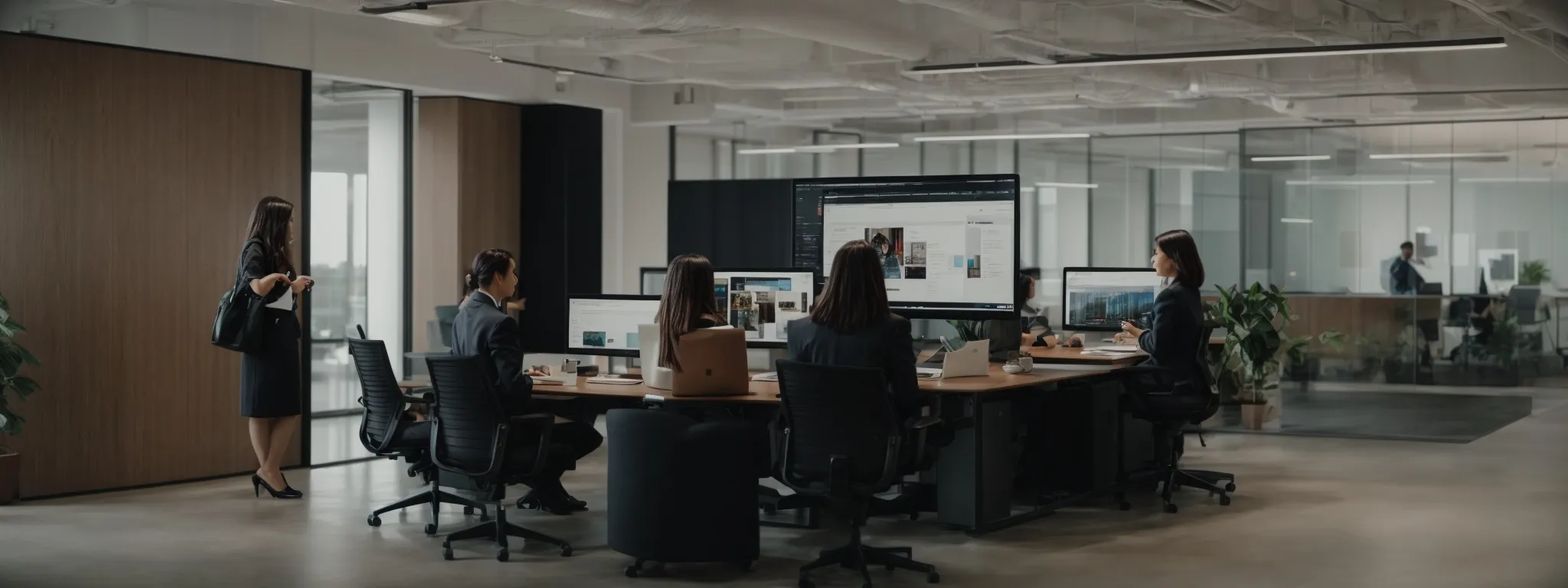 a modern office space featuring a marketing team reviewing a large computer screen with a website's homepage visible.