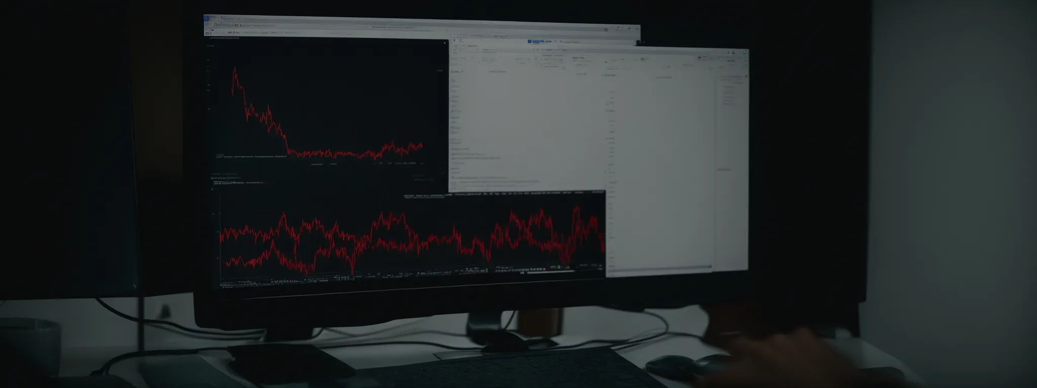 a person sitting at a computer analyzing a graph of website rankings on a screen.
