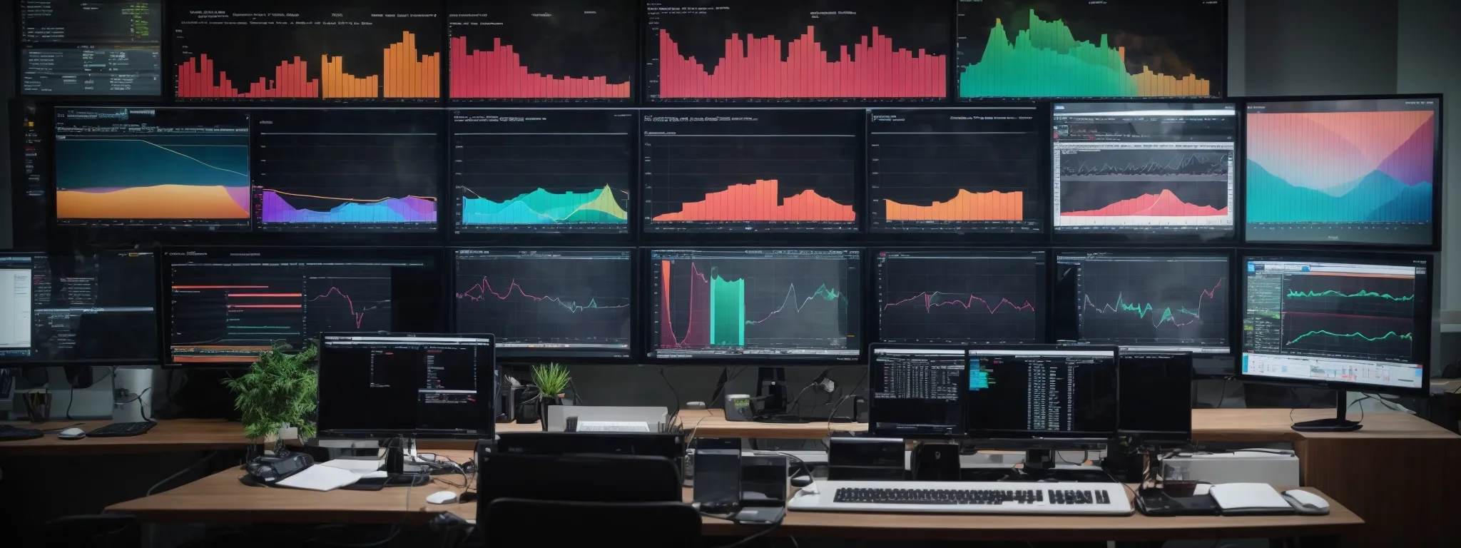 a modern office with multiple computer screens displaying colorful graphs and analytics charts.