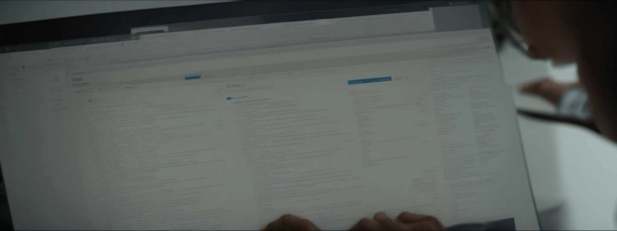 a person examining a computer screen with multiple web pages open, symbolizing the review of website content for seo optimization.