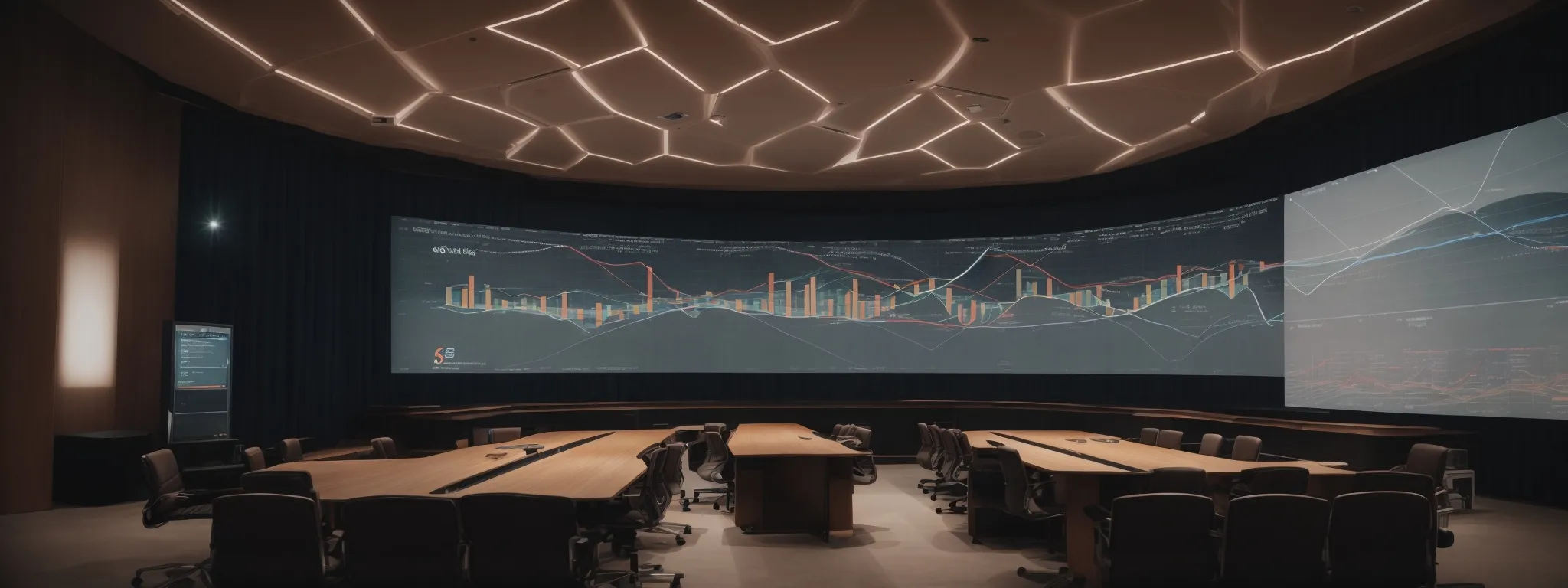 a conference room with a large screen displaying the google logo and a speaker gesturing towards futuristic graphs.