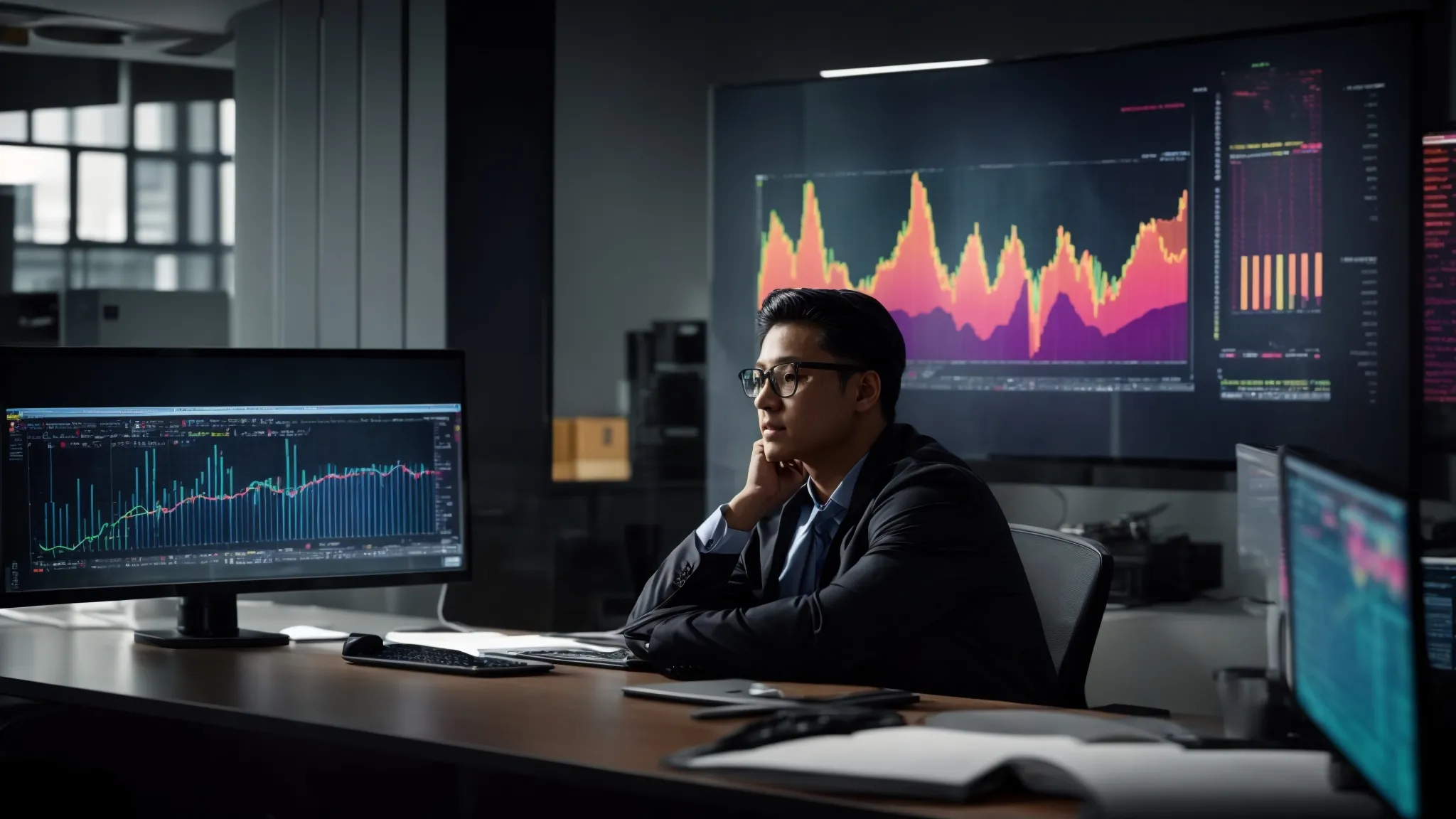 a person sits in a modern, well-lit office, analyzing data on a large computer monitor displaying colorful charts and graphs.