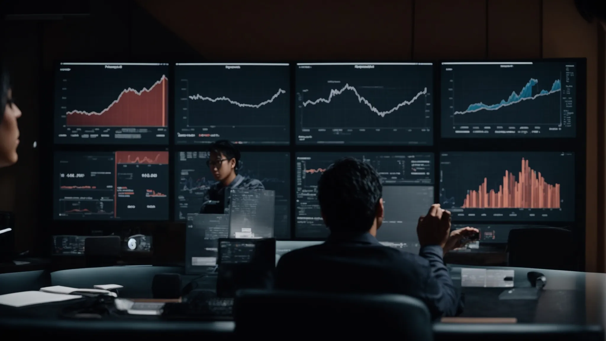 a person gesturing while consulting with another individual in front of a computer displaying analytics graphs.