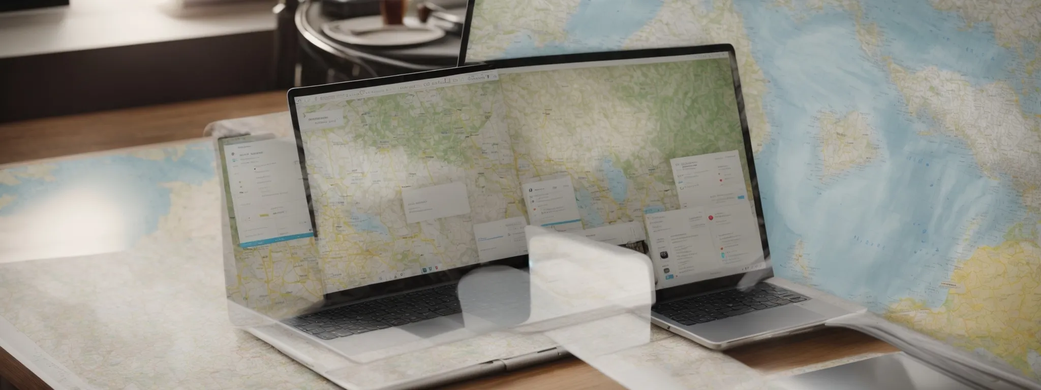 a laptop with seo analytics displayed on the screen, surrounded by local maps and regional demographic charts.
