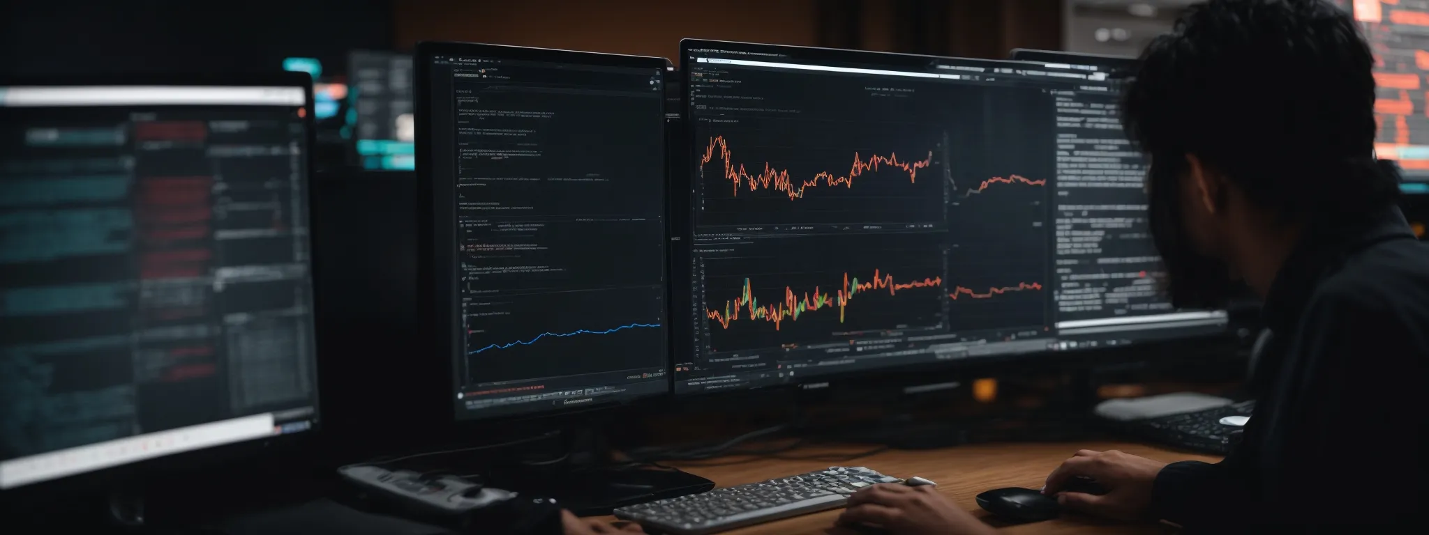 a person using python on a computer to analyze seo keyword trends and data charts.