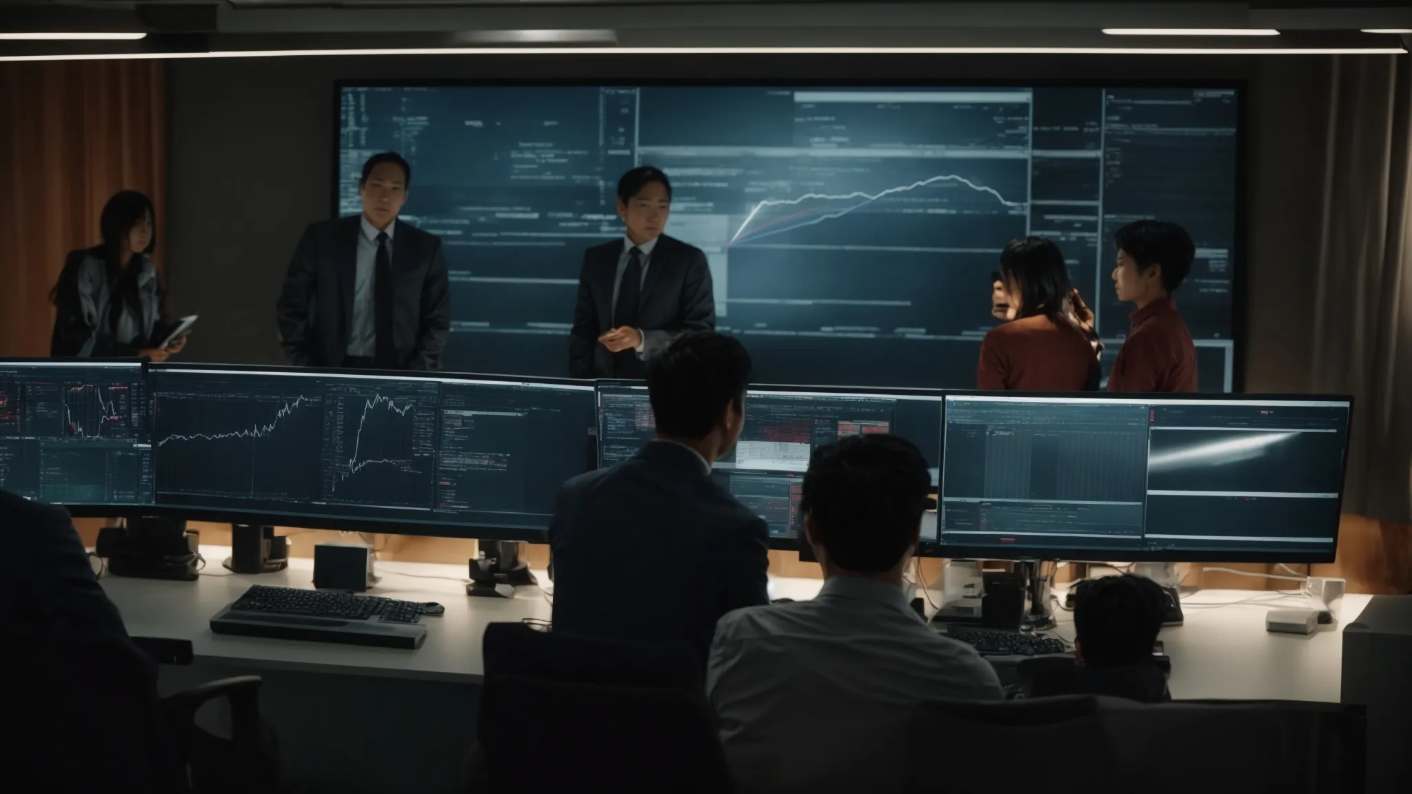 a group of professionals gathered around a large monitor displaying a search engine results page while one of them points at the screen with a laser pointer.