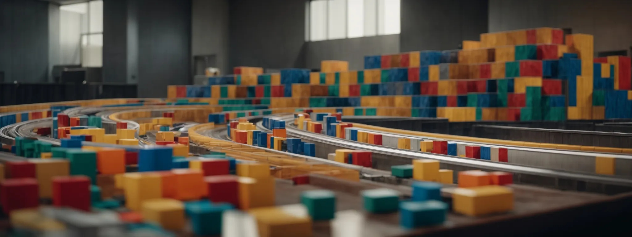 a sleek conveyor belt efficiently sorting colored blocks representing different stages of a customer's journey.