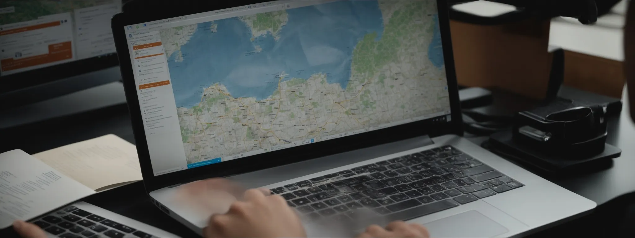 a person analyzing a digital marketing analysis report on a computer with a map and local business information on the screen.