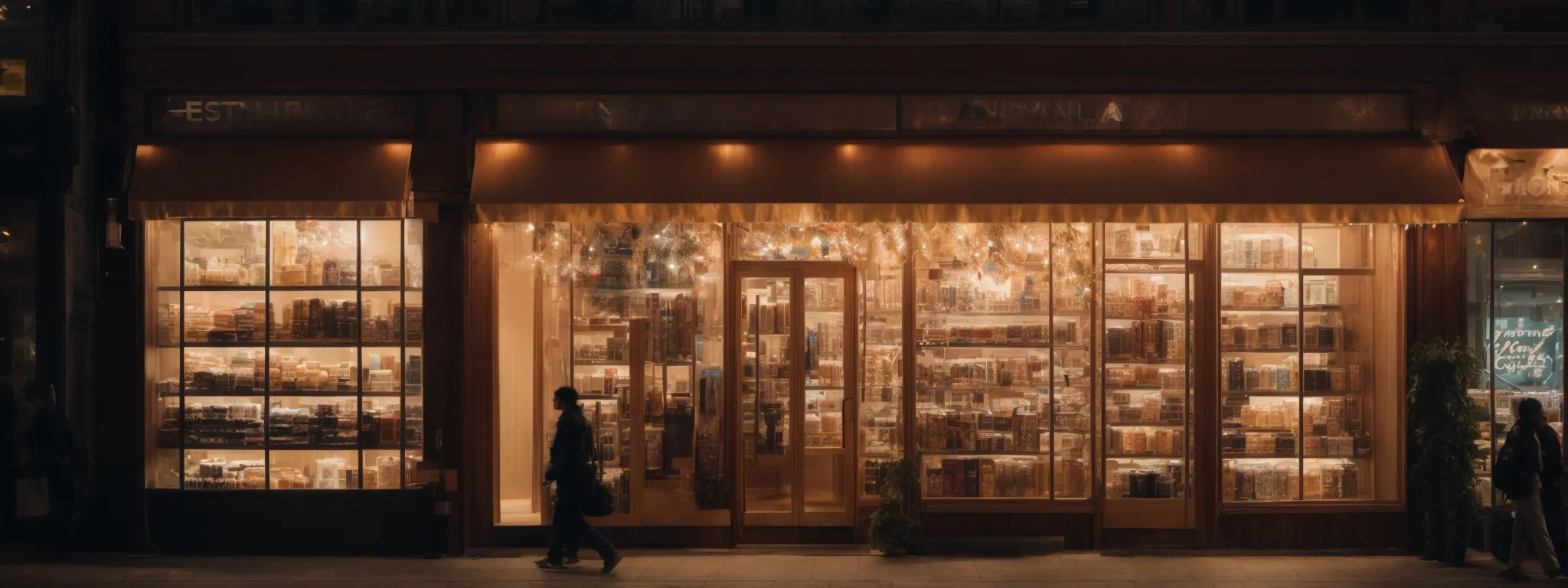an illuminated storefront displaying an array of diverse, appealing products, with subtle suggestions of algorithmic patterns overlaying the scene to denote data-driven customization.
