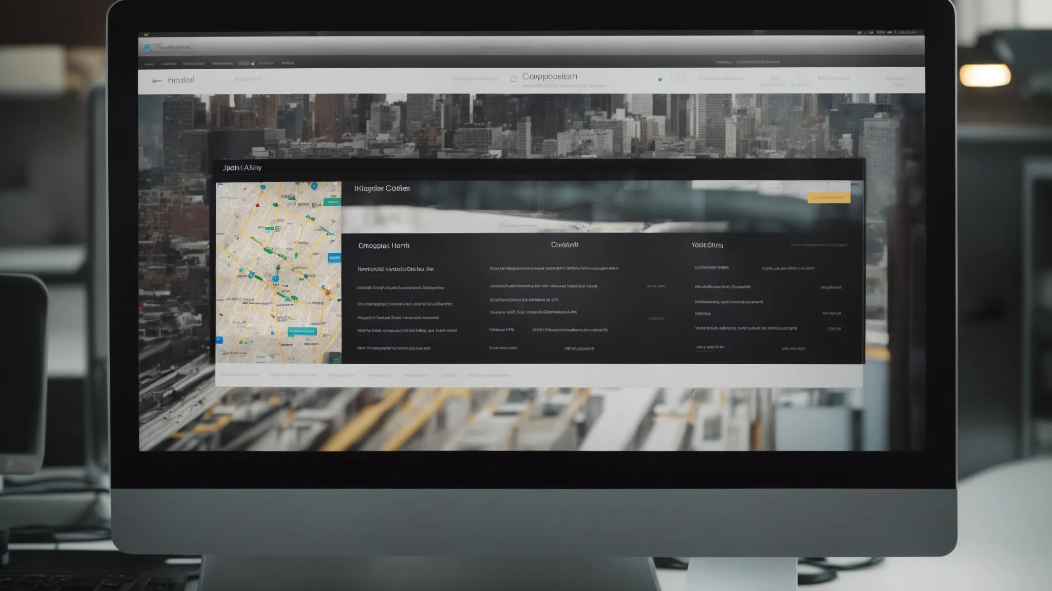a computer screen displaying a local business profile with highlighted contact information on a background map of a city.