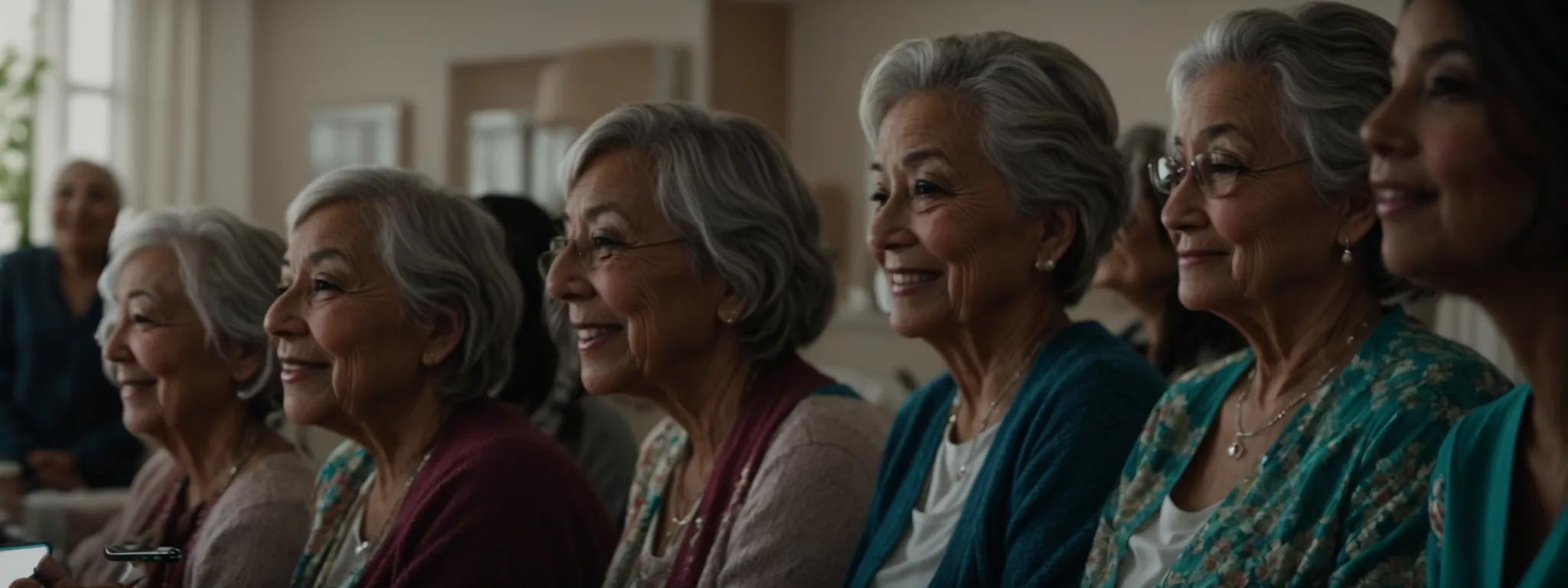 a group of cheerful seniors attentively watches a screen displaying a youtube tutorial.
