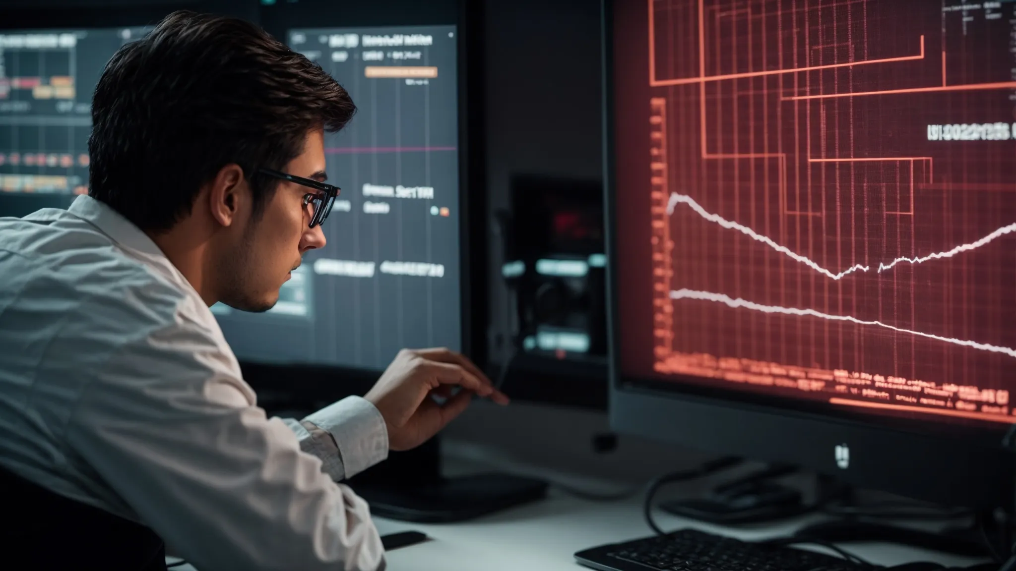 a webmaster intently analyzes a graph representing search engine crawler activity on a large monitor.