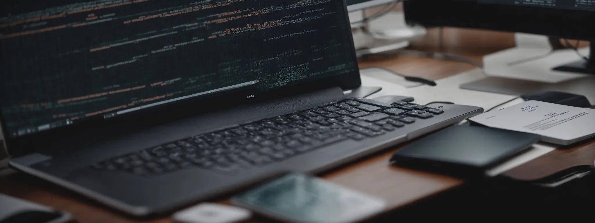 a close-up of a streamlined workspace with a computer displaying code and a preview of a structured webpage.