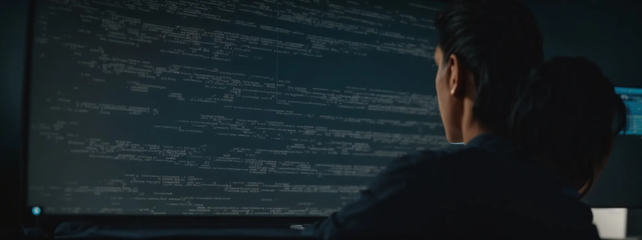 a person typing on a laptop with code on the screen and a conceptual representation of data analysis and optimization graphs hovering above.