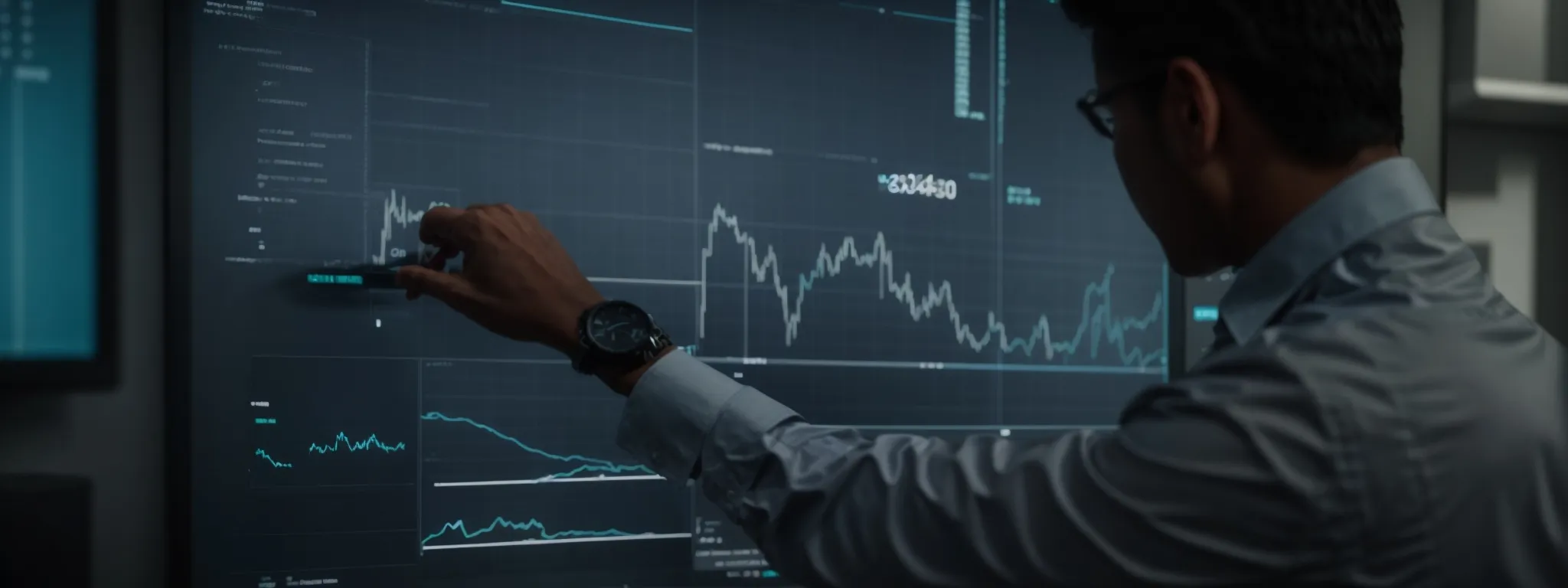 a business professional adjusting a dynamic graph on a digital interface to represent the optimization of an seo contract template.