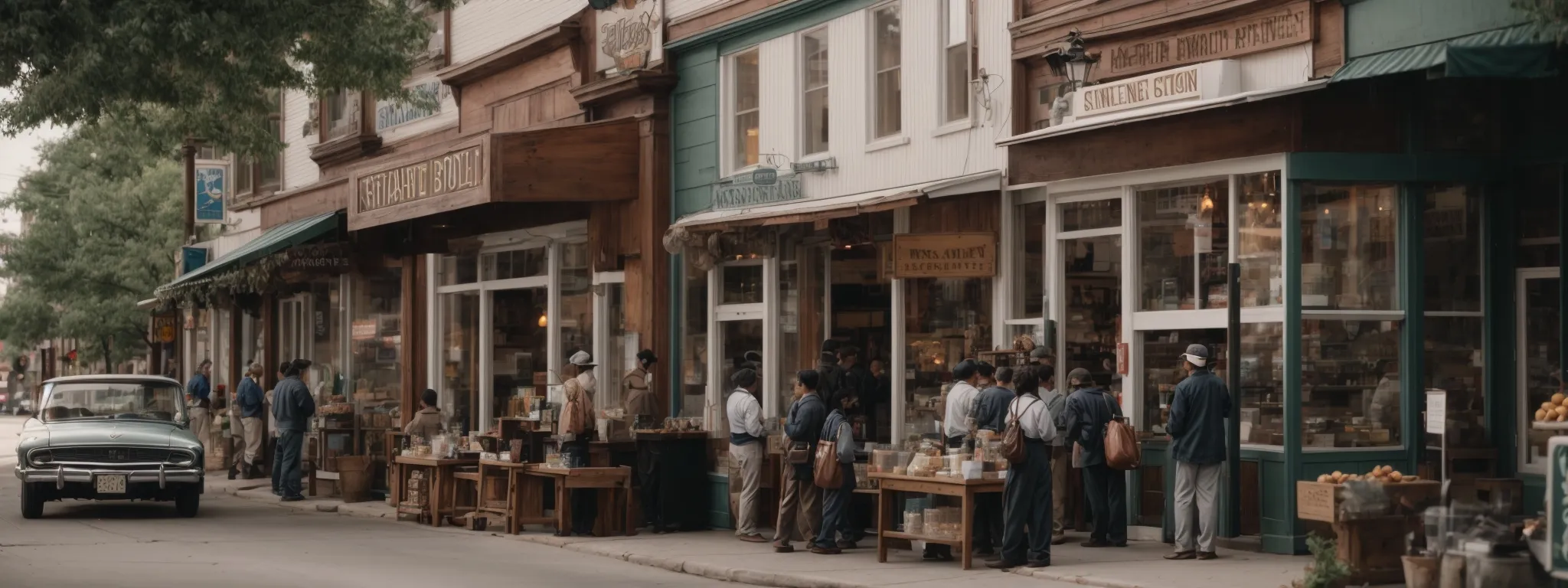 a bustling small town main street with a visible storefront bustling with activity, symbolizing a thriving local business.