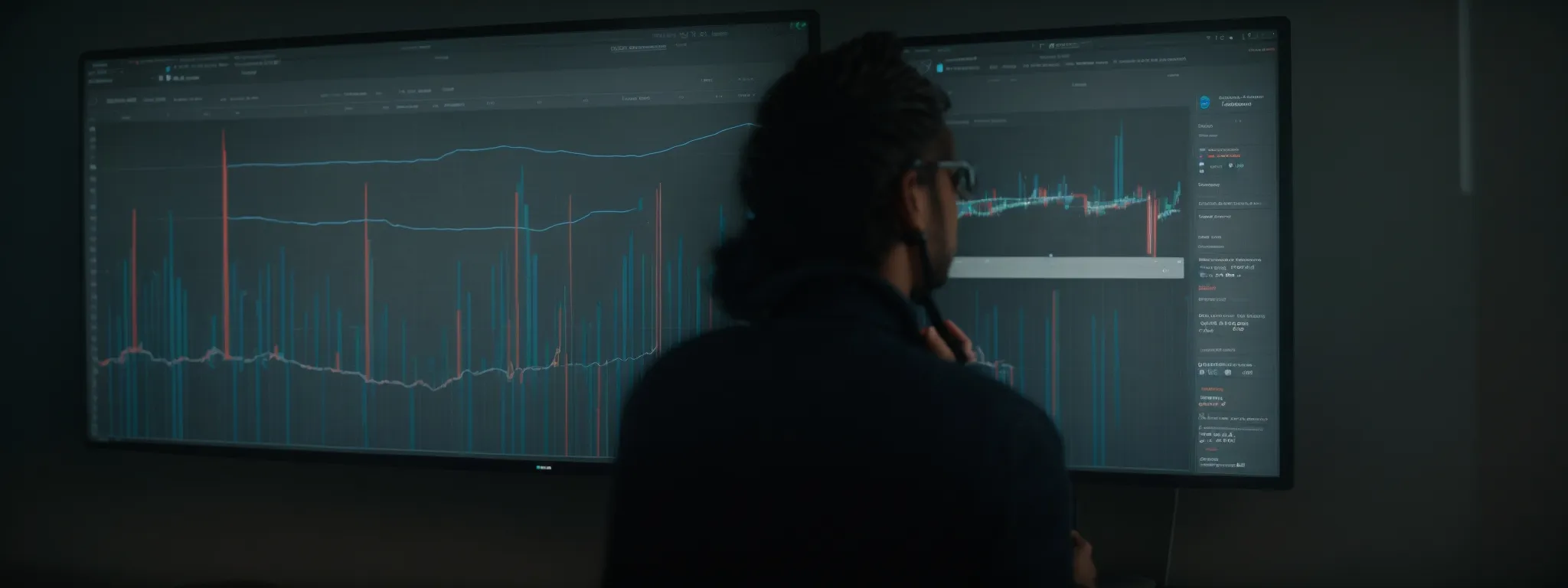 a person examining a large graph on a screen showing website traffic data and seo metrics.