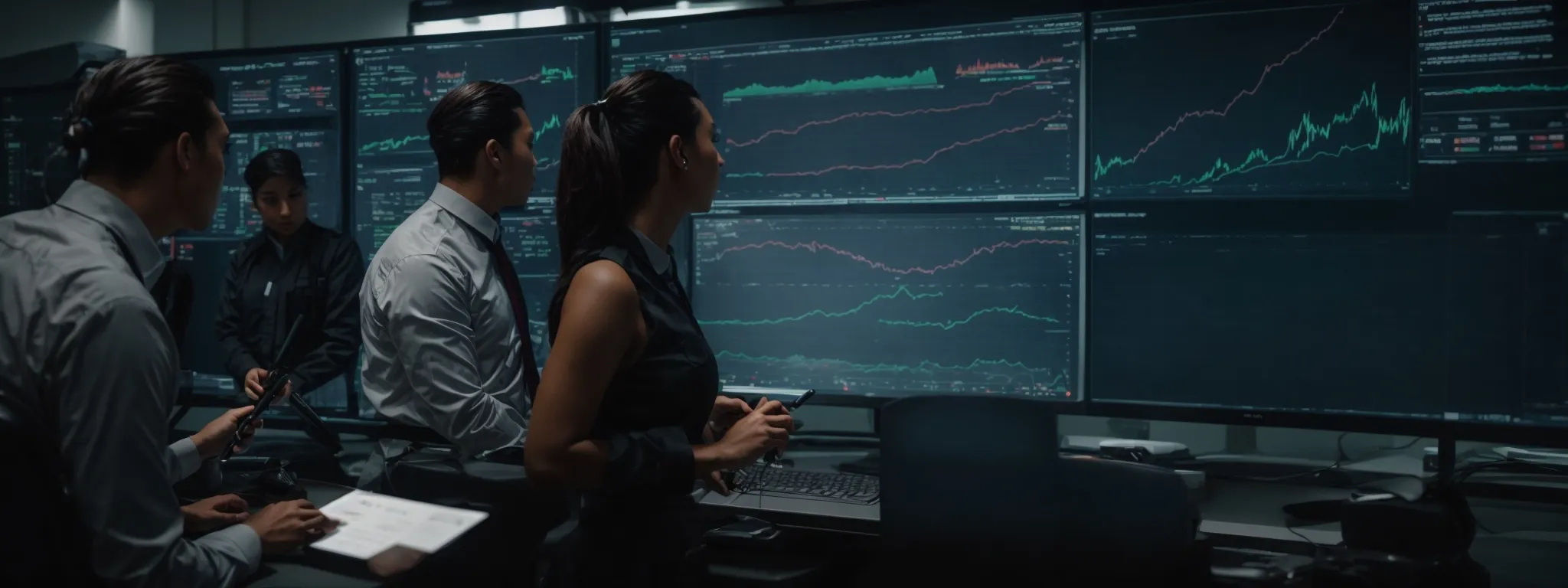 a focused team analyzes graphs on a large monitor, strategizing over metrics to enhance website conversion rates.