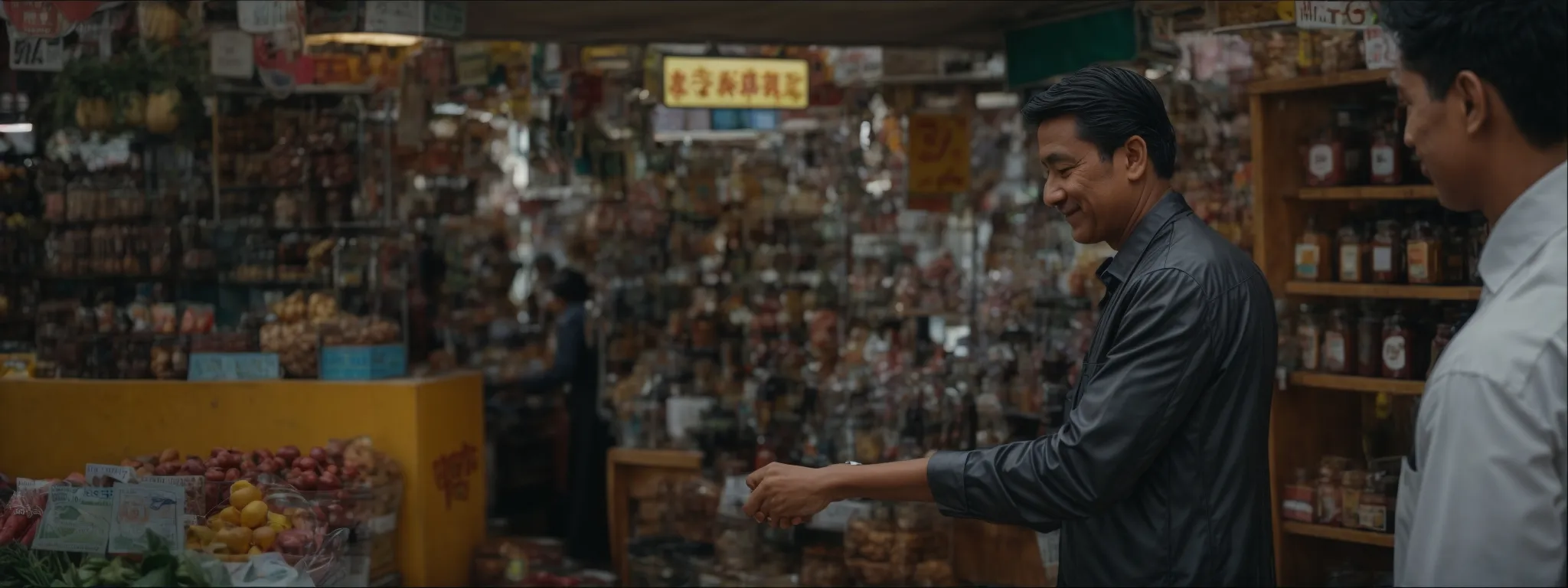 a business professional shaking hands with a local shop owner in a vibrant community marketplace.