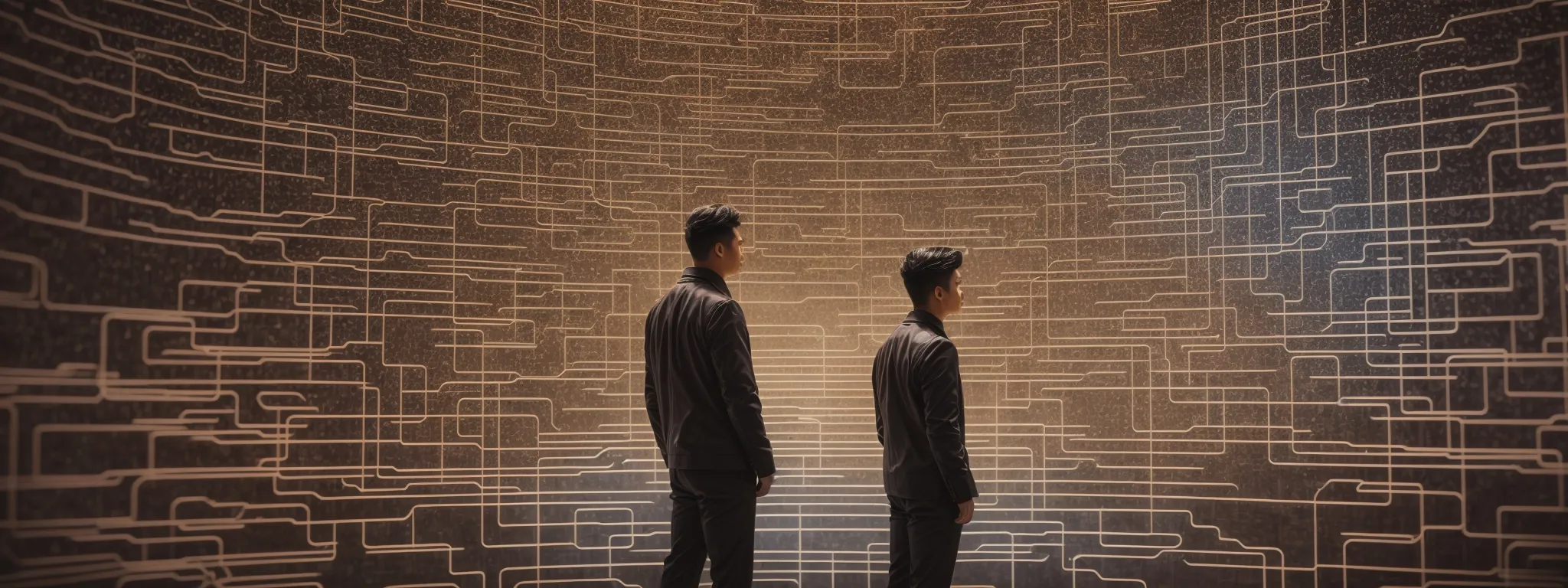 a developer stands before a large maze-like network diagram that represents javascript code integration with an seo strategy path.
