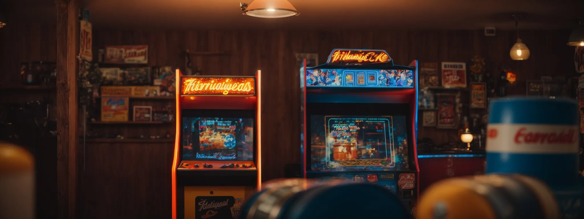 a retro arcade machine glows, showcasing a pixelated character leaping over barrels.