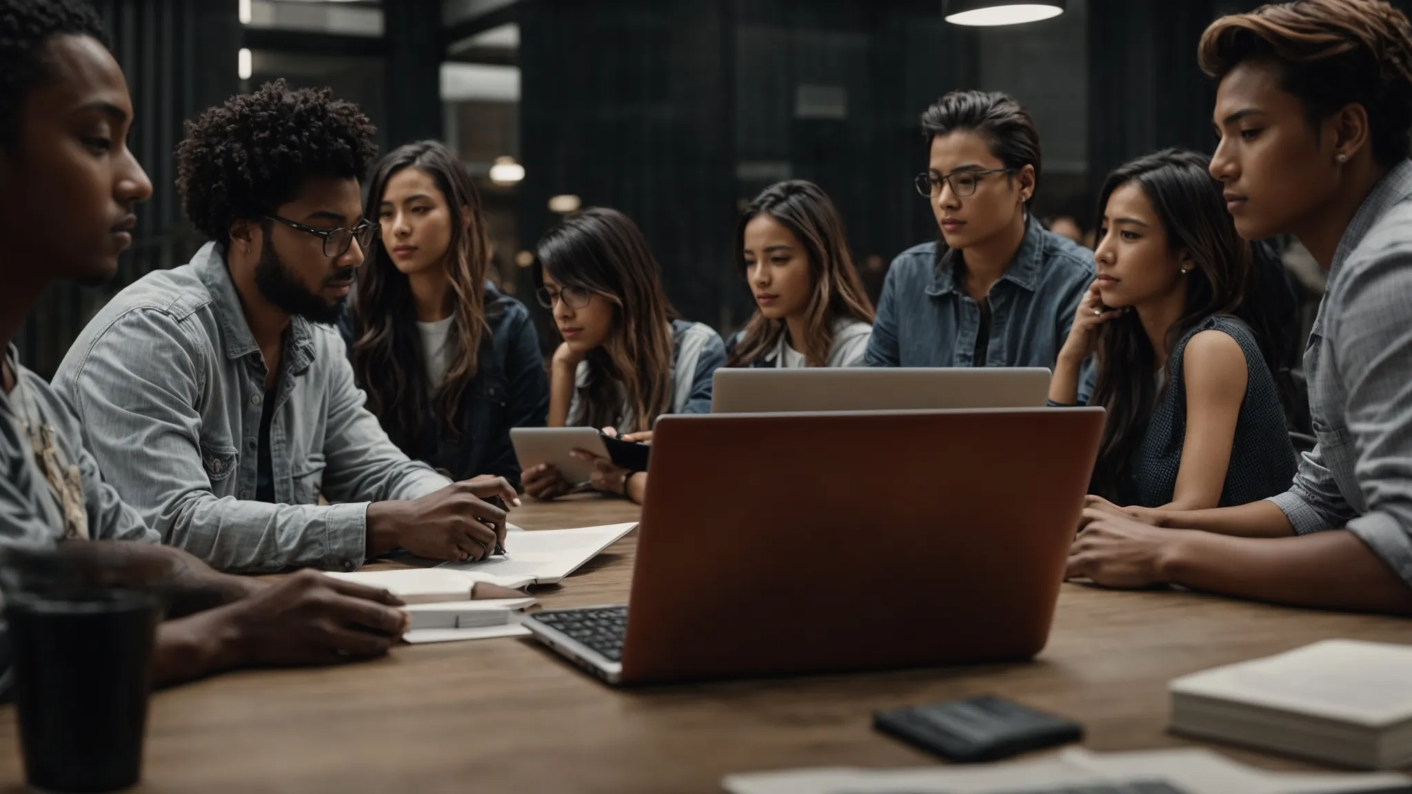a group of people sits around a large table, actively engaging in a discussion with laptops and notepads open.
