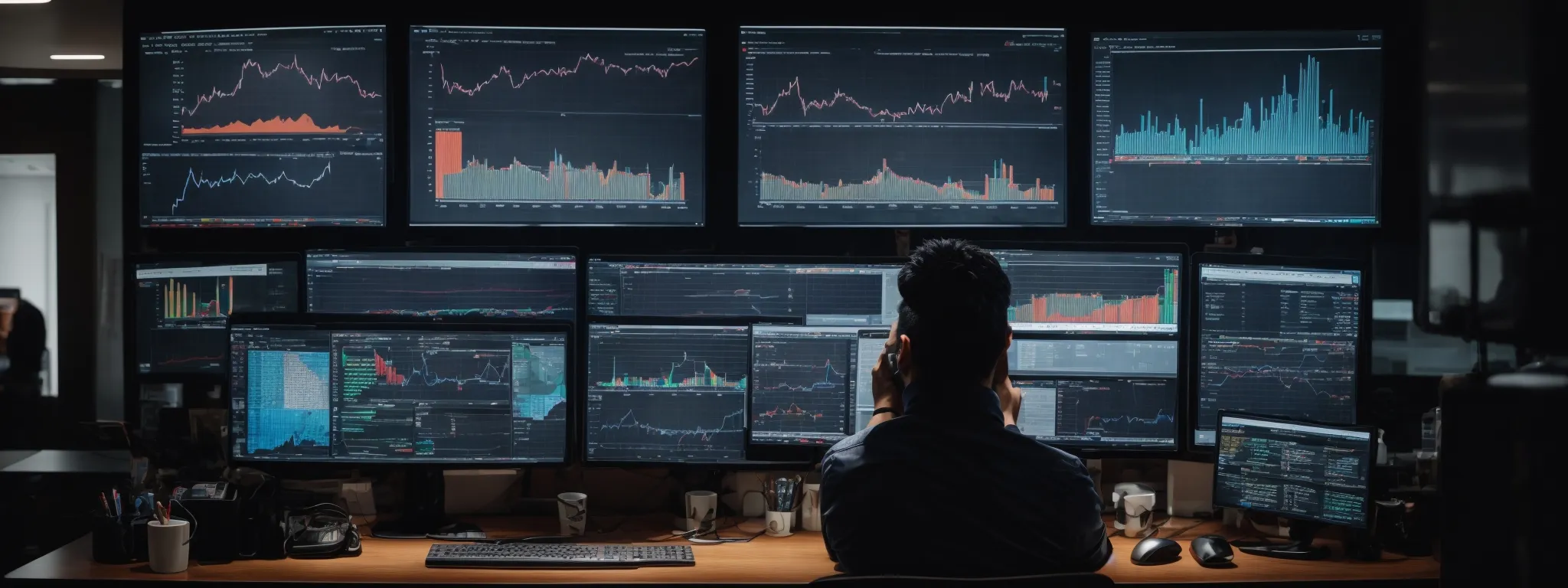 a person sitting at a desk with multiple screens displaying graphs and social media platforms, symbolizing digital marketing analysis and strategy development.
