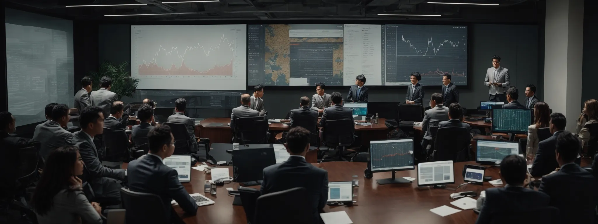 a group of attentive professionals gathered around a conference table with a large screen displaying charts and a web browser interface.