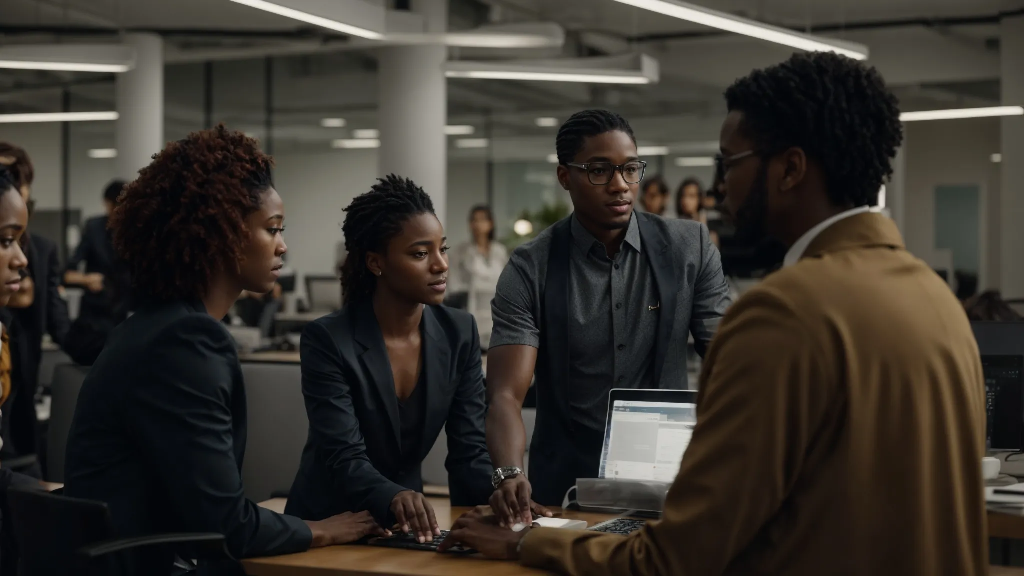 a diverse group of professionals discussing around a computer in a modern office.