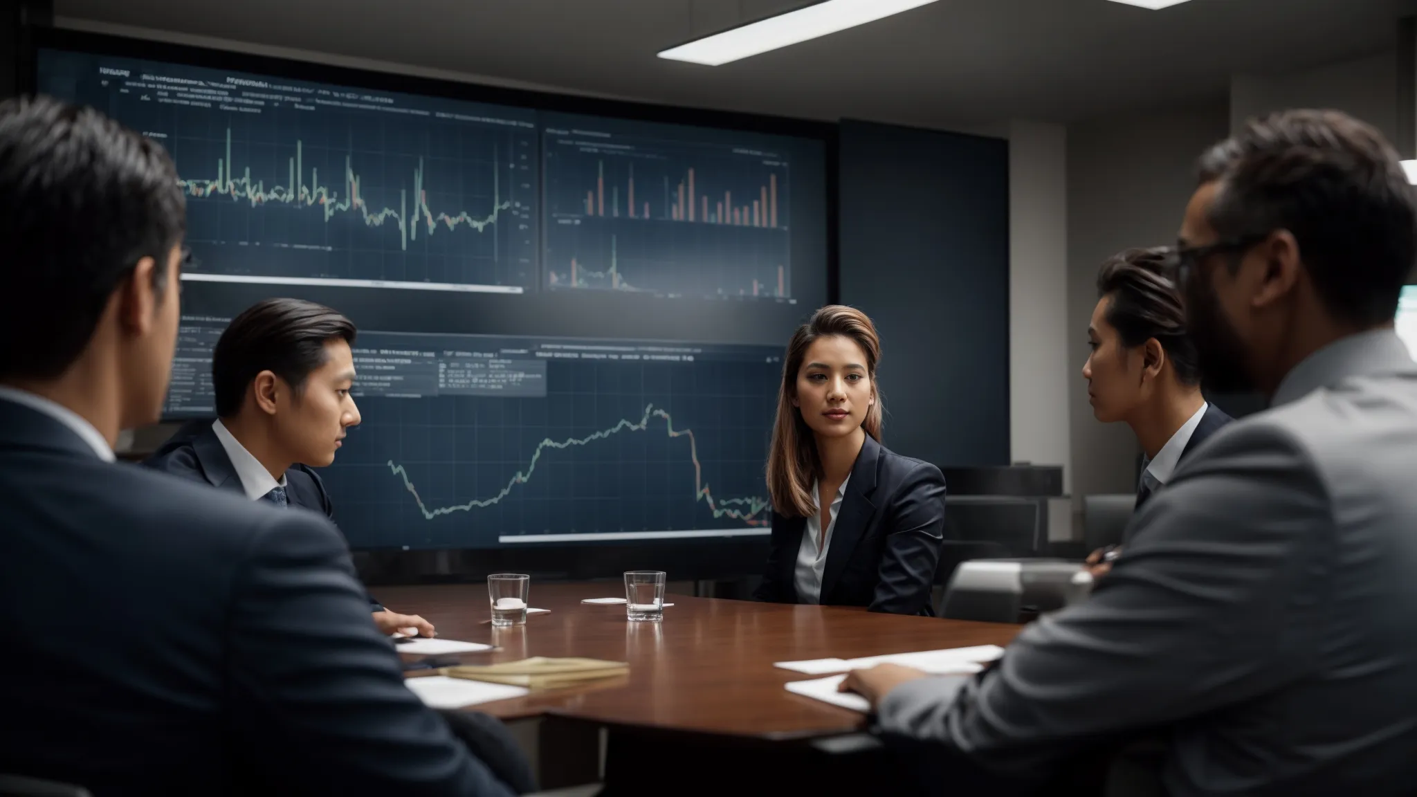 a strategic planning meeting with business professionals analyzing market data on a large screen.