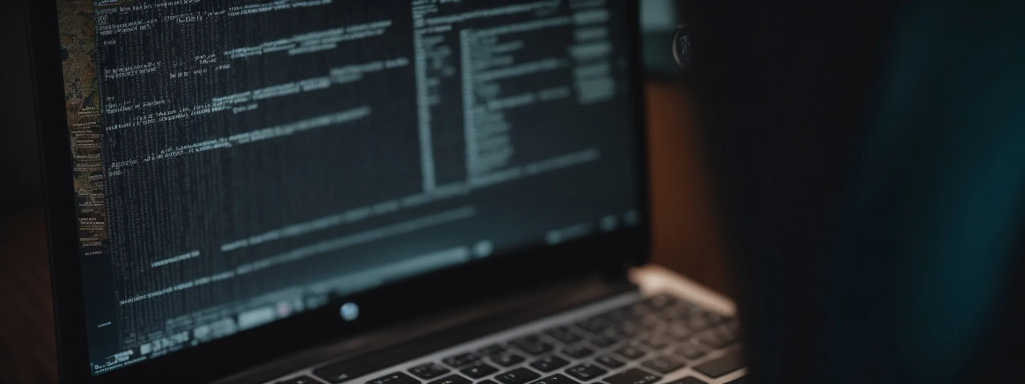 a person types on a laptop while pages with website code and performance graphs float in the background.