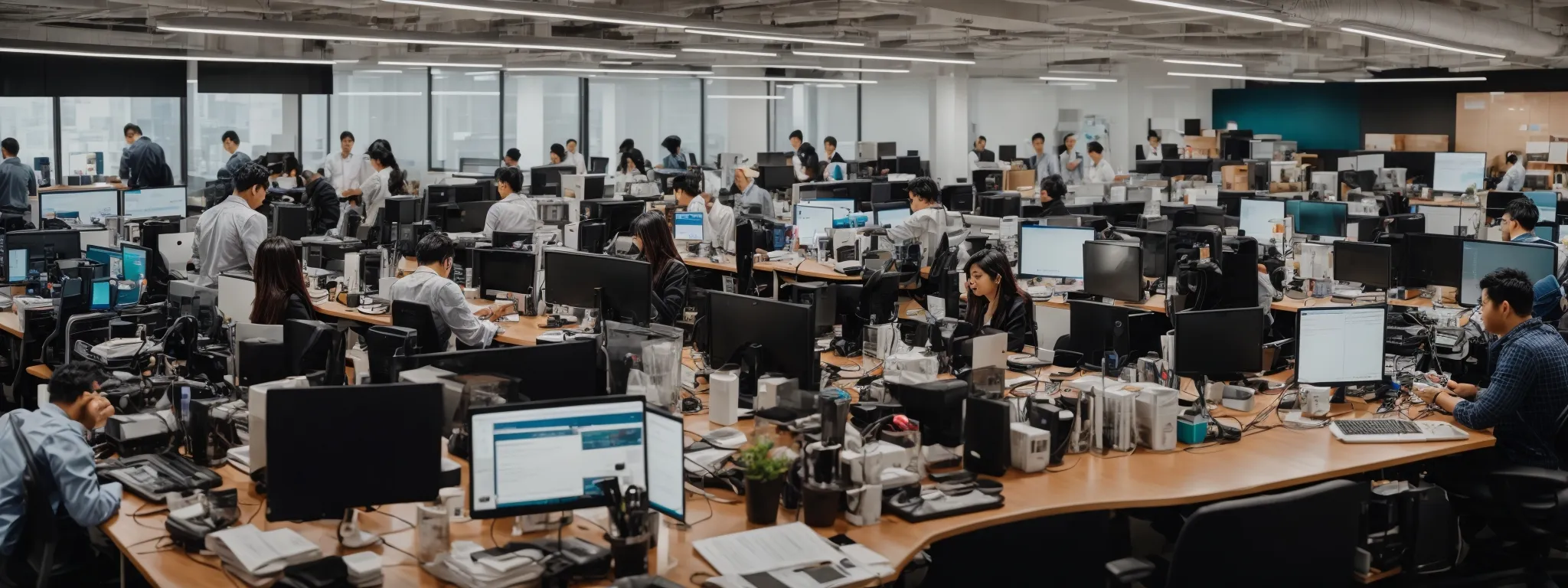 a bustling startup office where a team actively engages in a digital marketing strategy session, surrounded by computers and vibrant brainstorming whiteboards.