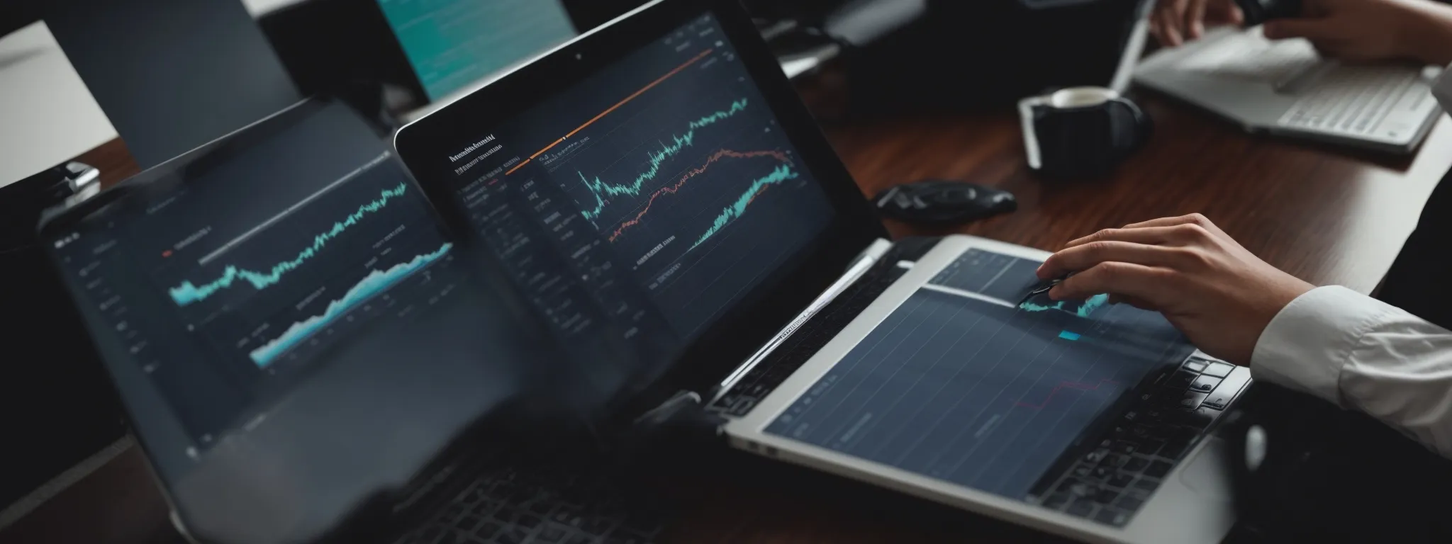 a cropped view of a business person using a laptop to analyze website traffic growth charts.