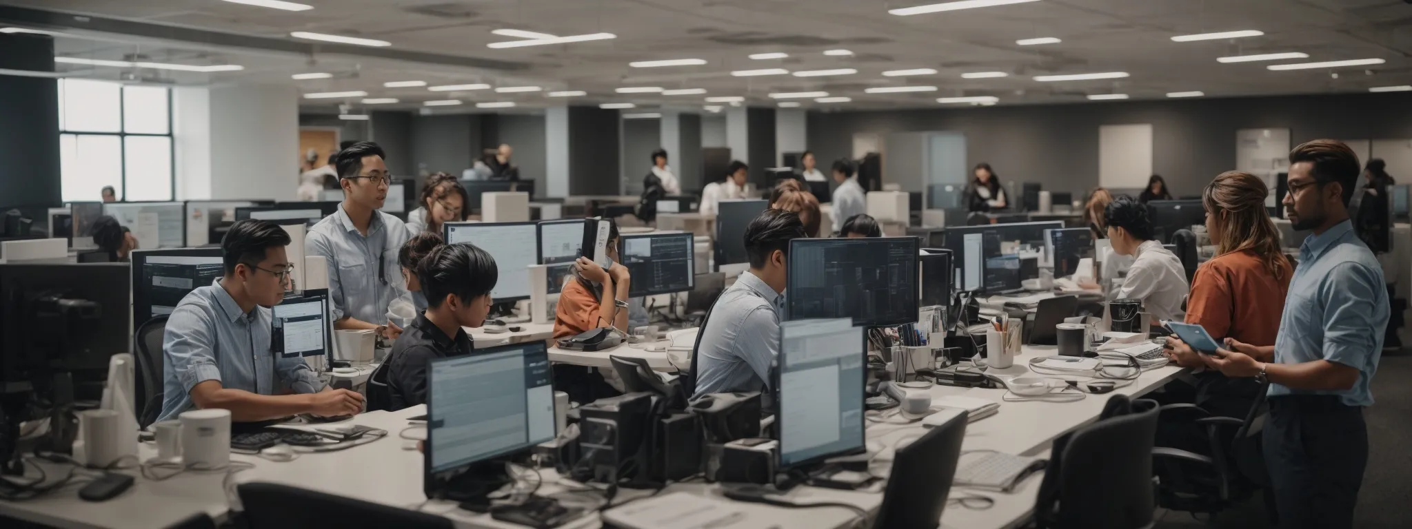 a bustling social media marketing team diligently strategizes in a high-tech office space.