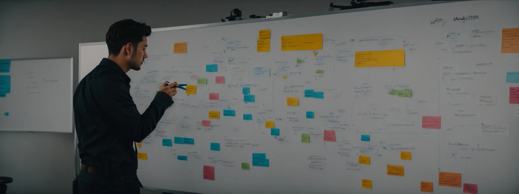 a marketer brainstorms a content strategy on a whiteboard, highlighting various connected phrases.