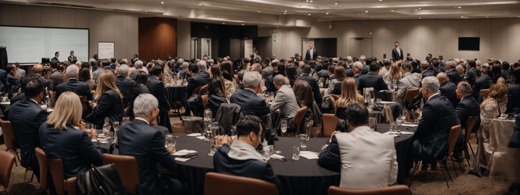 a professional networking event where local business leaders engage in discussion within a bustling regional conference hall.