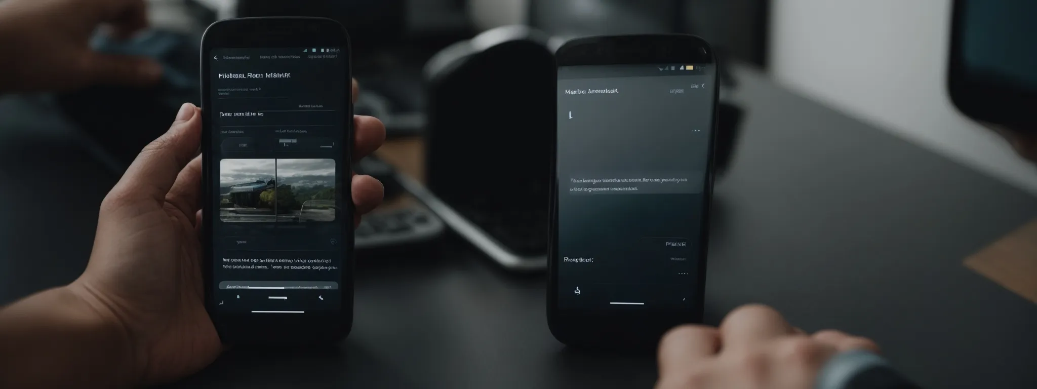 a person holding a smartphone with a web development interface displayed on the screen against a background of diverse mobile devices.