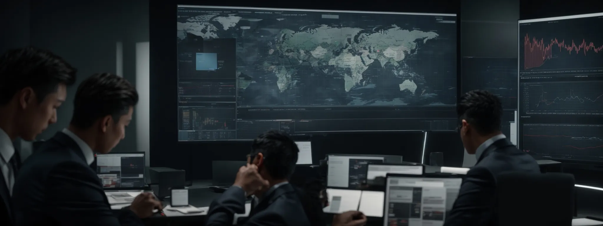 a group of business professionals analyzes data on a large screen to optimize marketing strategies.