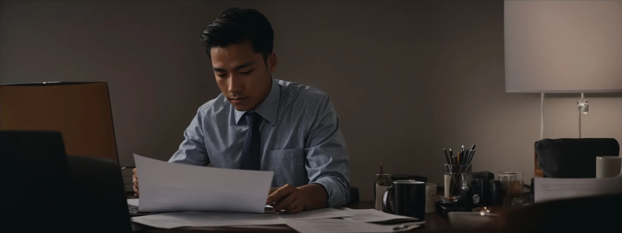 a person sitting at a desk with papers and a laptop, intensely scrutinizing a document on the screen.