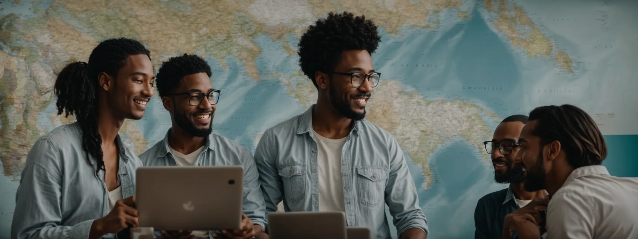 a diverse group of individuals from various backgrounds engaging in a lively conversation around a digital device displaying a global campaign map.